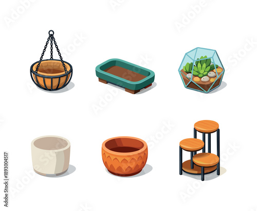 Isometric Plant Pots. Plant pots. Isometric flat vector icons set of Plant pots: metal hanging basket, bonsai tray pot, glass terrarium pot, minimalist matte