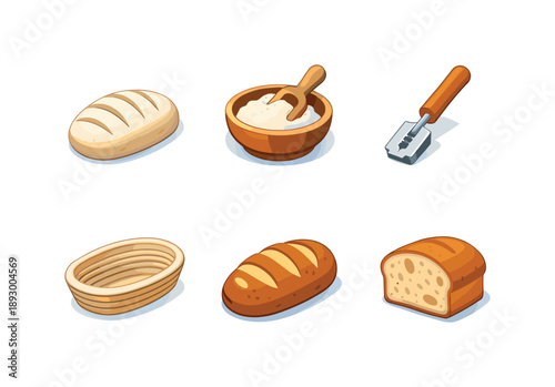 Bread Craft Isometric Icons. Bread Craft. Isometric flat vector icons set of bread craft: hand-shaped dough loaf, flour bowl scoop, bread lame tool, woven