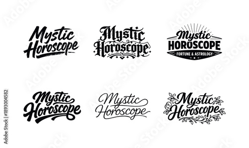Mystic Lettering Collection. Mystic horoscope lettering. Set lettering. harmonious lettering variations of the same emblematic concept, each with different