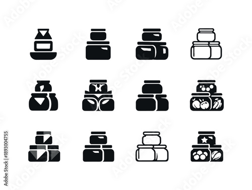 Canning Icon Set. Canning, preserving, and food storage. Icon set. Set Logo of canning, preserving, and food storage: stacked storage jars. harmonious logo