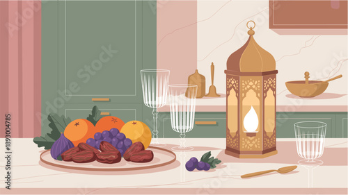 Ramadan iftar table setting with fruits dates and lantern