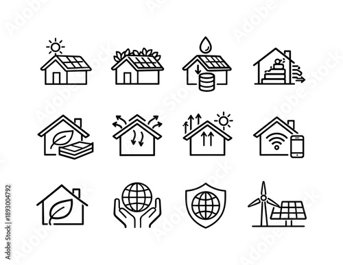 Sustainable Roofing Icons. Sustainable roofing. Line icon set of Sustainable roofing: solar roof panels, green roof plants, rainwater collection, energy