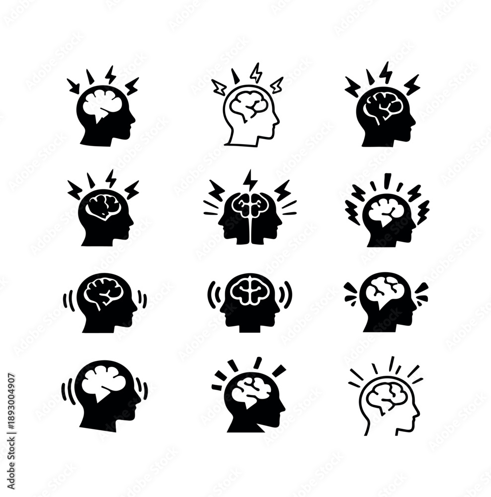 Obraz premium Stress Reaction Icons. How our body reacts to stress. Icon set. Set Logo of How our body reacts to stress: nervous system alert signal. harmonious logo