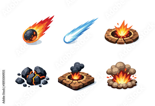 Meteor Impact Icons. Fall & Impact. Isometric flat vector icons set of Fall & Impact: glowing meteor falling, sky streak trail, crater ground impact, broken