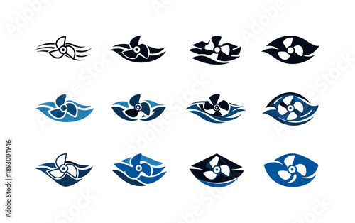 Micro-Hydro Logo Set. Micro-hydro systems. Icon set. Set Logo of Micro-hydro systems: small water turbine in flowing stream. harmonious logo variations of the