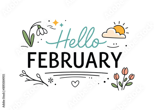 Hello February Design. Hello February seasonal lettering. Playful yet restrained typographic layout with gentle letter rhythm, subtle hints of winter ending