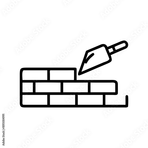 Bricklaying construction outline illustration with trowel on white background