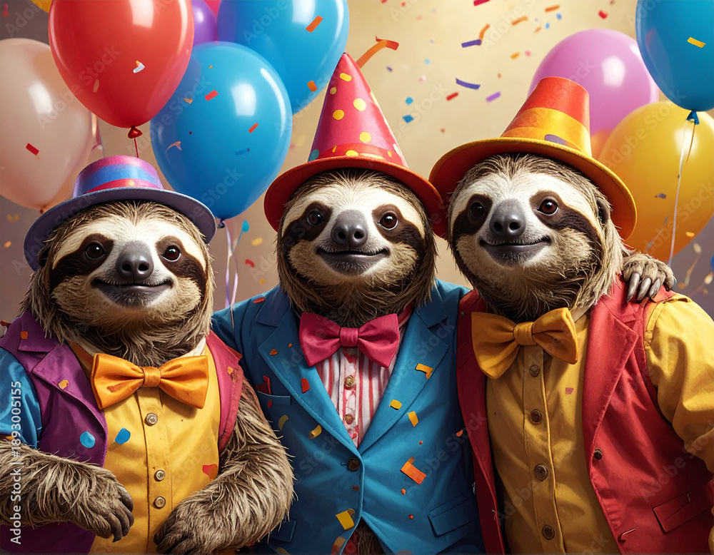 Obraz premium Faultiere sind verkleidet und feiern eine Party