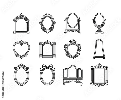 Victorian Mirror Icons. Victorian Mirror Designs. Line icon set of Victorian Mirror Designs: intricate mirror arch, ornamental frame, clawfoot base mirror,