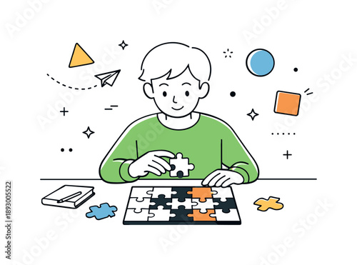 Peaceful Puzzle Solving. Puzzle games. A person calmly solving a jigsaw puzzle at a desk, placing the final pieces together. Focused thinking and quiet