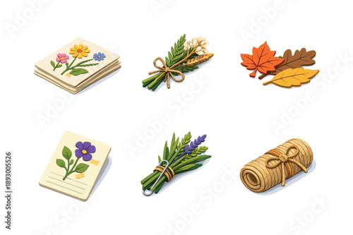 Herbarium Icon Set. Herbarium Style. Isometric flat vector icons set of Herbarium Style: pressed dried flowers stack, tied plant specimen, flat dried leaves