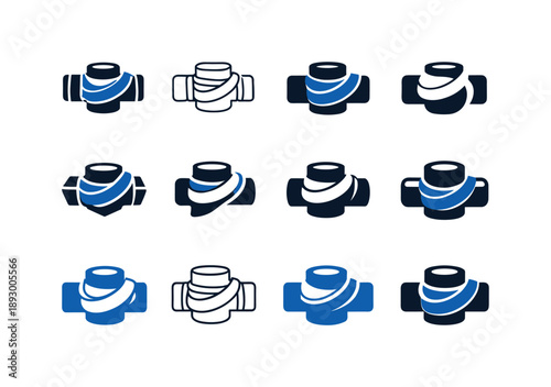 Teflon Tape Logo Variations. Teflon tape roll on pipe. Icon set. Set Logo of Teflon tape roll on pipe: tape roll and pipe fitting. harmonious logo variations