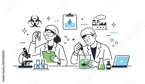 Water Testing Laboratory. Water contamination. Scientists calmly testing water samples in a laboratory setting, focused work and careful observation. The mood