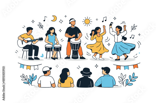 Cultural Dance Celebration. Music and dance festival. Performers playing instruments and dancing while spectators watch peacefully. Rhythm, expression, and