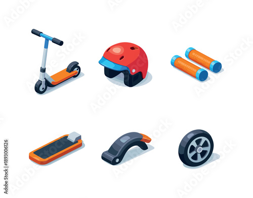 Colorful Scooter Icons. Scooter. Isometric flat vector icons set of Scooter: kick scooter, scooter helmet, handlebar grips, deck platform, rear brake, scooter