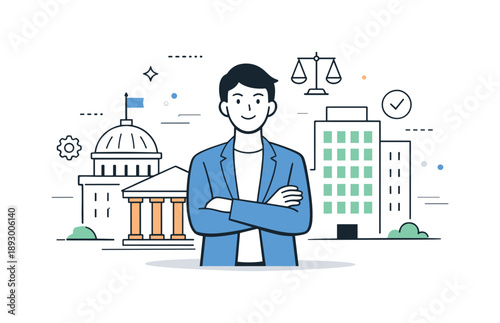 Modern Democracy Concept. Democracy Concept. A centered composition with a calm character and abstract pillars or building silhouettes behind, symbolizing