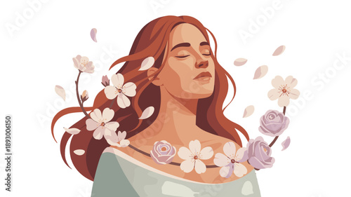 A serene woman with closed eyes, surrounded by blooming flowers, expressing tranquility.