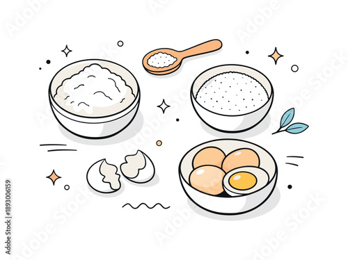 Minimalist Baking Ingredients. Flour sugar eggs flat lay. Ingredients placed in small bowls, viewed from above, ready for baking. Quiet kitchen moment, order