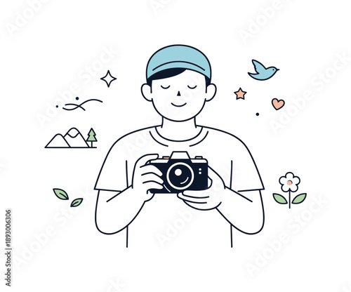 Creative Photo Meditation. Photography for creative relaxation. A person enjoying taking photos as a peaceful pastime, camera gently held at chest level.
