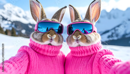 Two stylish rabbits wearing pink turtleneck wool sweaters and pink snowboard goggles take a playful selfie during a ski holiday. Surrounded by snowy mountains, the scene combines winter sports, fashio