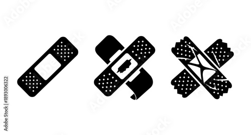 Set of three black adhesive bandages or plasters in different styles