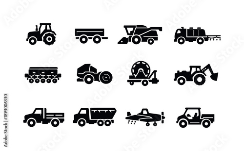 Farm Vehicle Icons. Farm vehicle icons. Solid icon set of farm vehicle icons: tractor, trailer, combine, sprayer truck, seeder machine, baler unit, irrigation
