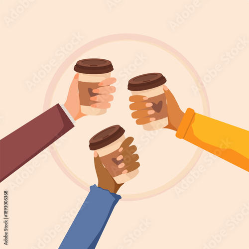 Three female hands holding hot coffee and cheers