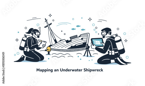 Underwater Heritage Mapping. Preserving underwater heritage. Researchers mapping a shipwreck using simple equipment and tablets, showing collaboration and