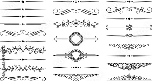 elegant decorative divider and ornament set with vintage flourishes symmetrical borders and classic separators in refined black and white line illustration style