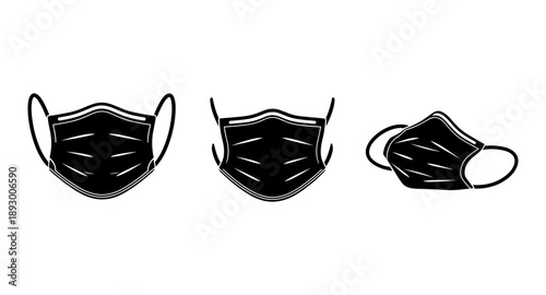 Set of three black medical face masks in different angles on white background