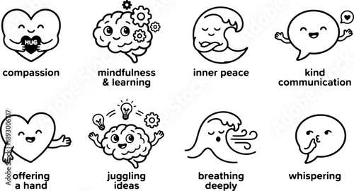 hand drawn doodle wellness character set illustrating compassion mindfulness inner peace kindness idea flow breathing deeply and gentle communication in black and white line style