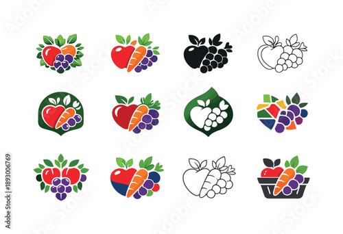 Food Market Icons. Food markets. Icon set. Set Logo of Food markets: fruit and vegetable icons cluster. harmonious logo variations of the same emblematic