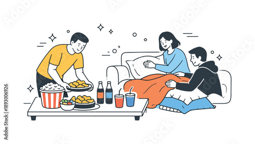 Cozy Movie Night. Preparing a movie night. Person arranging snacks, popcorn, and drinks on a table while others adjust pillows and blankets, setting up a cozy