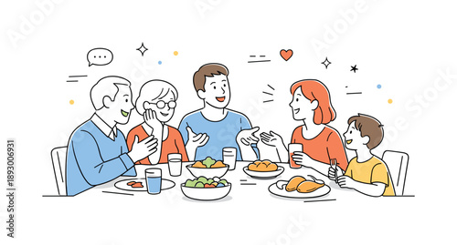 Family Meal Harmony. Family dinner conversation. A scene of family members talking, laughing, and sharing during a meal, emphasizing connection and