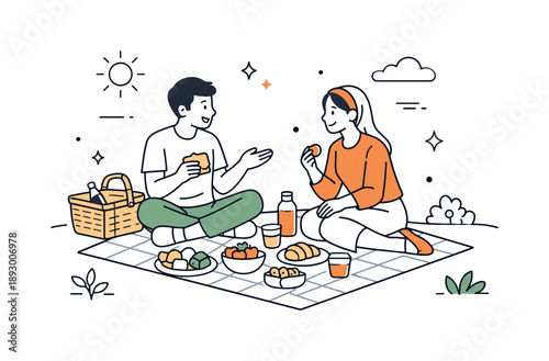 Charming Picnic Moment. Couple picnic outdoors. A couple sits on a blanket sharing food and conversation in a park setting. Warmth, closeness, and slow