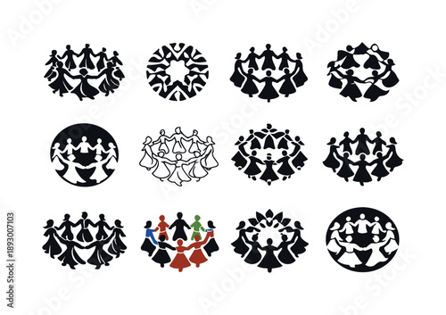 Traditional Dance Icons. Joyful dancers in traditional costumes. Icon set. Set Logo of Joyful dancers in traditional costumes: group circle dance. harmonious