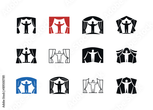 Theater Logo Variations. Theater performance. Icon set. Set Logo of theater performance: actor on stage with curtain. harmonious logo variations of the same