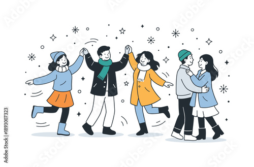 Dancing in Snowfall. People dancing in falling snow. People moving gently while snowflakes fall around them, calm joy and magical winter atmosphere. Minimalist