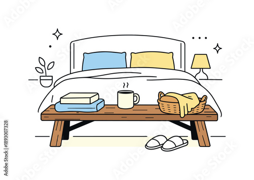 Rustic Bedroom Serenity. Quiet bedroom styling detail. A rustic wooden bench anchors the space at the foot of the bed, suggesting everyday practicality and