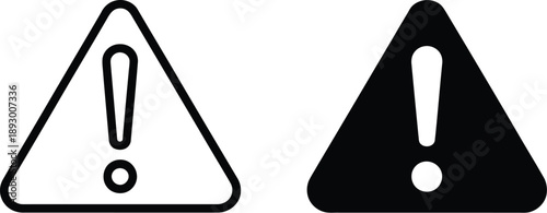 Warning triangle icon, outline and solid black versions showing caution alert symbol with centered exclamation mark
