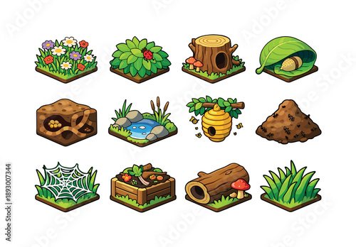 Insect Habitat Icons. Insect habitats. Colorful isometric vector icons set of insect habitats: flower meadow, garden bush, tree trunk, leaf shelter, soil