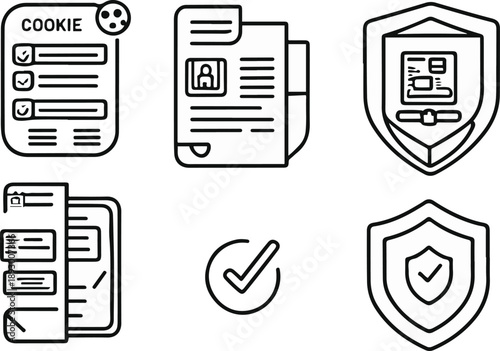 data privacy objects, cookie consent banner, privacy policy document, secure data folder, user consent checkmark, data protection shield, bold black thick outline line art 2