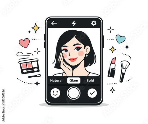 Virtual Makeup Preview. Virtual makeup try-on. A person previews different makeup styles on a smartphone camera view. Creative exploration, confidence, soft