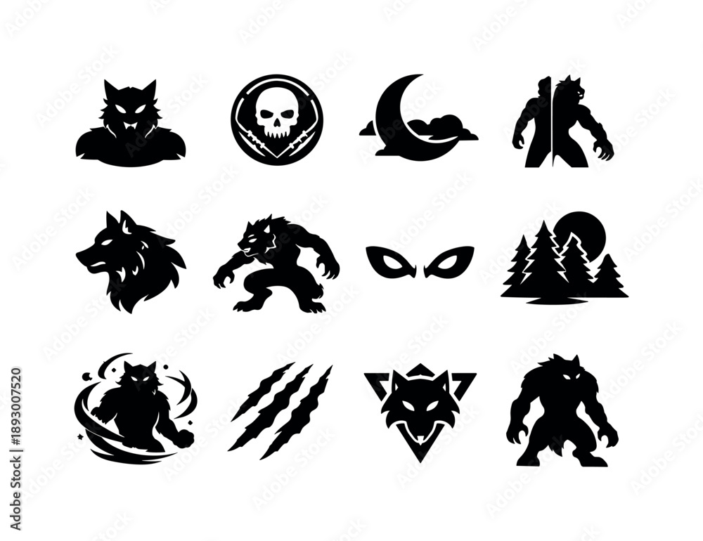 Fototapeta premium Werewolf Icon Set. Mythical Werewolf. Solid icon set of Mythical Werewolf: legendary wolfman, ancient curse symbol, moon crest, beast transformation, fur