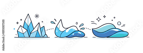 Ice to Water Transition. Ice to water transition. Abstract shapes shifting from sharp ice forms into smooth liquid curves. Visual metaphor of change, flow, and