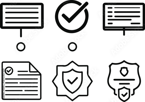 digital contract objects, electronic signature field, signed document file, approval checkmark stamp, contract version history, secure agreement icon, bold black thick outline line art