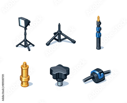 Studio Light Icons. Studio Light Stand. Isometric flat vector icons set of Studio Light Stand: adjustable light stand, tripod base, telescopic pole, mounting
