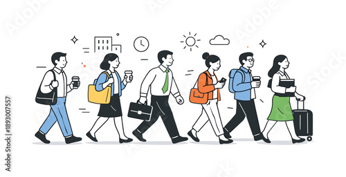 Morning Commuter Flow. City commuters morning rush. People walking purposefully with bags and coffee cups on the way to work. Calm urban movement and everyday