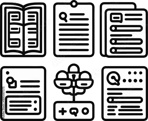  knowledge management objects, knowledge base library, internal wiki page, information tagging labels, search knowledge bar, shared document icon, bold black thick outline line art 1