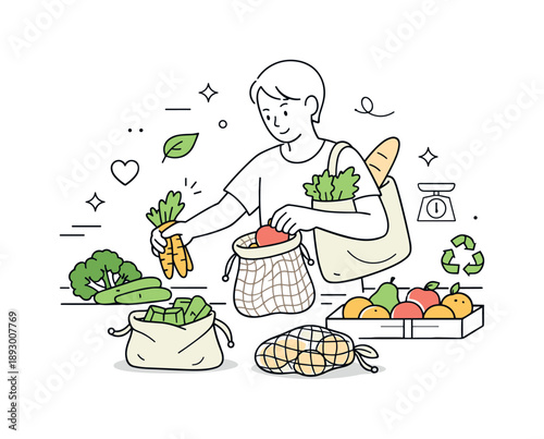 Eco-Friendly Shopping. People shopping without plastic. A person choosing loose fruits and vegetables and placing them into reusable bags. Mindful